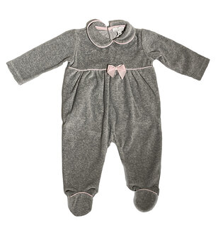 grijs velour pyjama met roze bies en strik